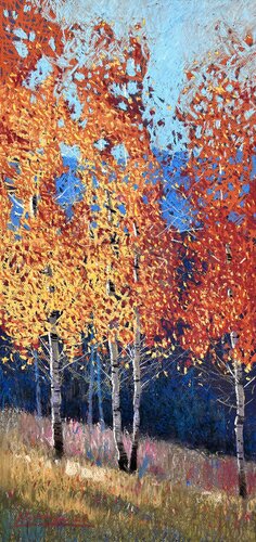 Autumn birches in Ukrainian Carpathians di Andrii Kovalyk, Pittura in vendita su Singulart