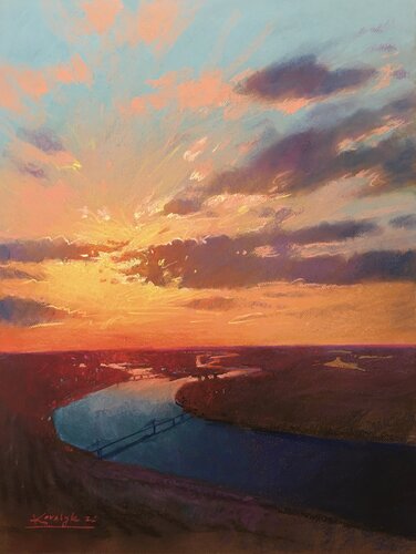 Sunset over the Dnipro river in Kyiv in Ukraine von Andrii Kovalyk, Malerei kaufen auf Singulart
