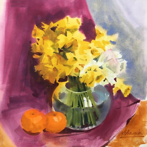 Still life with yellow daffodils in a vase by Andrii Kovalyk, Painting for Sale on Singulart