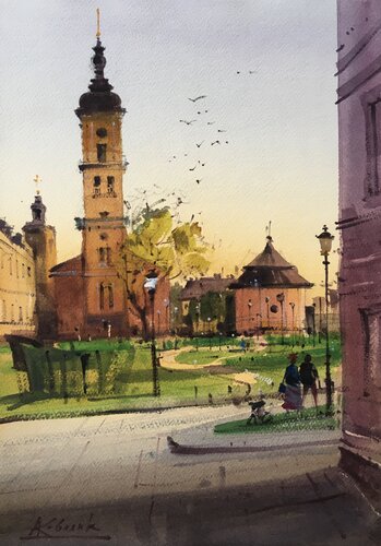 Polish Square in the ancient picturesque town of Kamianets Podilskyi in Ukraine van Andrii Kovalyk, Schilderij te koop op Singulart