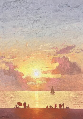 Bright sunset on the seashore di Andrii Kovalyk, Pittura in vendita su Singulart