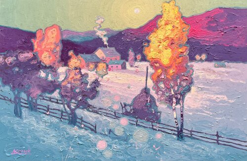 The First Snow in the Carpathian Mountains di Andrii Kovalyk, Pittura in vendita su Singulart