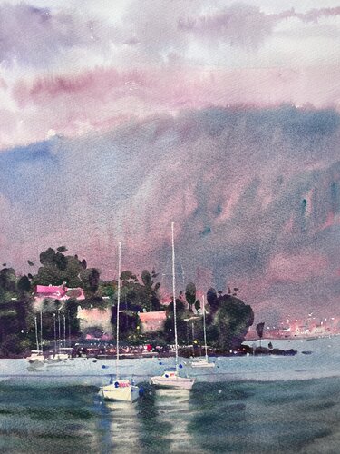 Evening Silence of a Picturesque Landscape in Croatia van Andrii Kovalyk, Werk op papier te koop op Singulart
