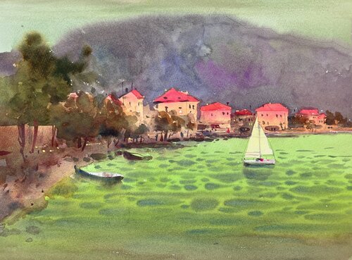 Sailboat on Emerald Waves in Croatia van Andrii Kovalyk, Werk op papier te koop op Singulart