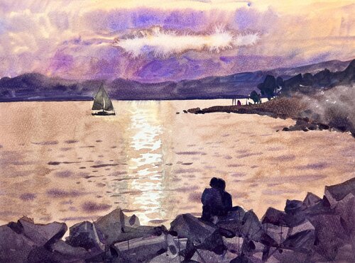 Sunset over the Adriatic Sea van Andrii Kovalyk, Werk op papier te koop op Singulart