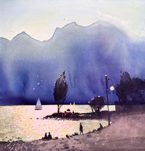 Tranquility on Lake Garda, Italy van Andrii Kovalyk, Werk op papier te koop op Singulart