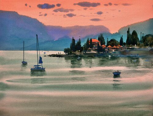 Sunset over Lake Garda in Italy van Andrii Kovalyk, Werk op papier te koop op Singulart