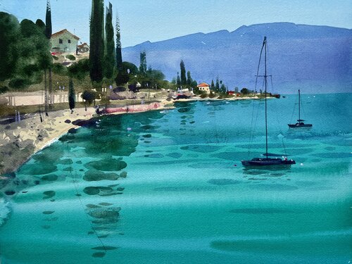 The Serenity of Garda Lake van Andrii Kovalyk, Werk op papier te koop op Singulart