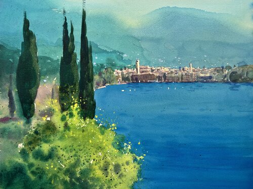Calm Waves of Lake Garda van Andrii Kovalyk, Werk op papier te koop op Singulart