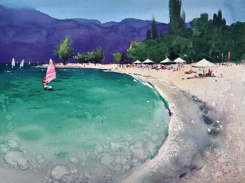 Summer Breeze Over Turquoise Waves van Andrii Kovalyk, Werk op papier te koop op Singulart
