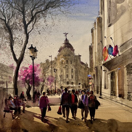 Spring on the Streets of Madrid van Andrii Kovalyk, Werk op papier te koop op Singulart