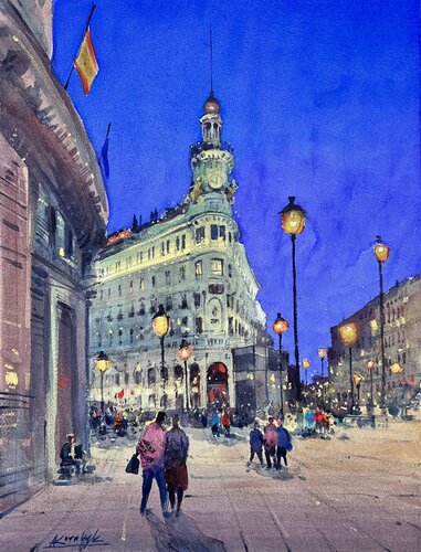 Evening walk near the Four Seasons in Madrid van Andrii Kovalyk, Werk op papier te koop op Singulart