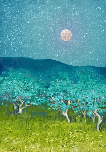 Orchard under the Full Moon van Andrii Kovalyk, Schilderij te koop op Singulart