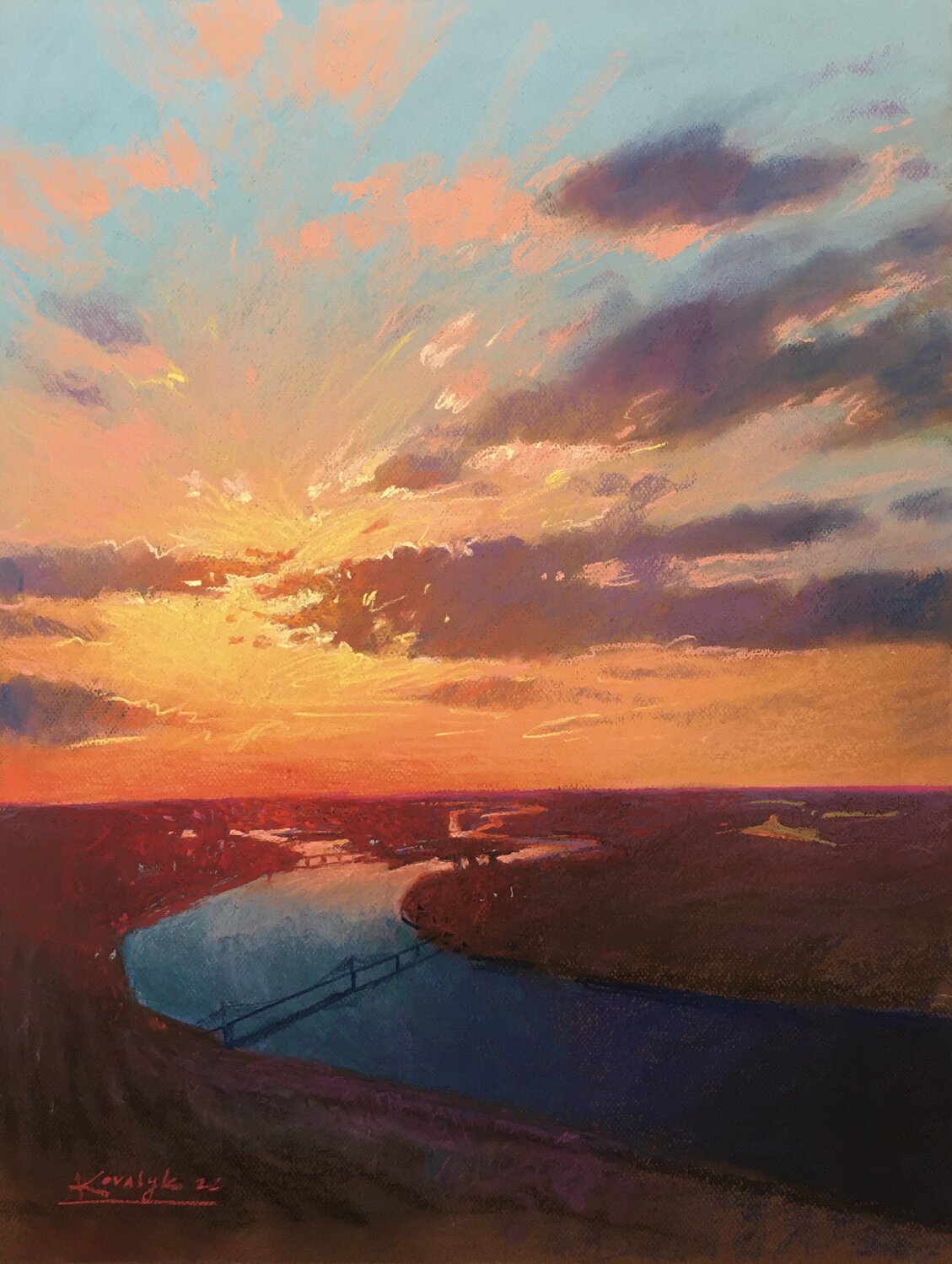 Sunset over the Dnipro river in Kyiv in Ukraine Andrii Kovalyk Dipinto originale in vendita