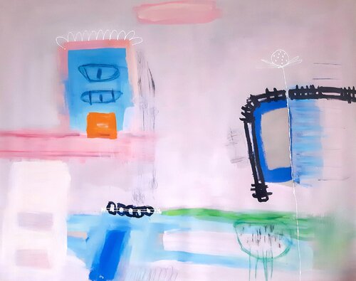 Take this pink ribbon off my eyes van Sara Voss, Schilderij te koop op Singulart