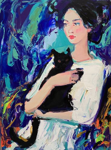 The Girl with the Black Cat di Liliya Nikolova, Pittura in vendita su Singulart