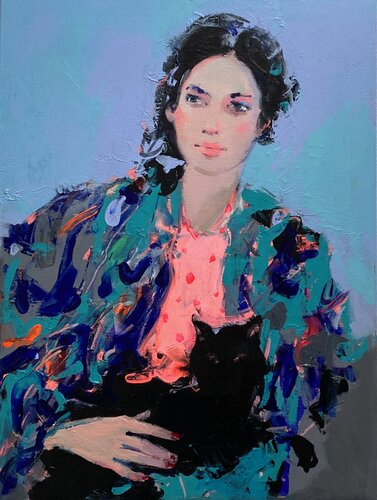 The Girl with the Black Cat II by Liliya Nikolova, Painting for Sale on Singulart