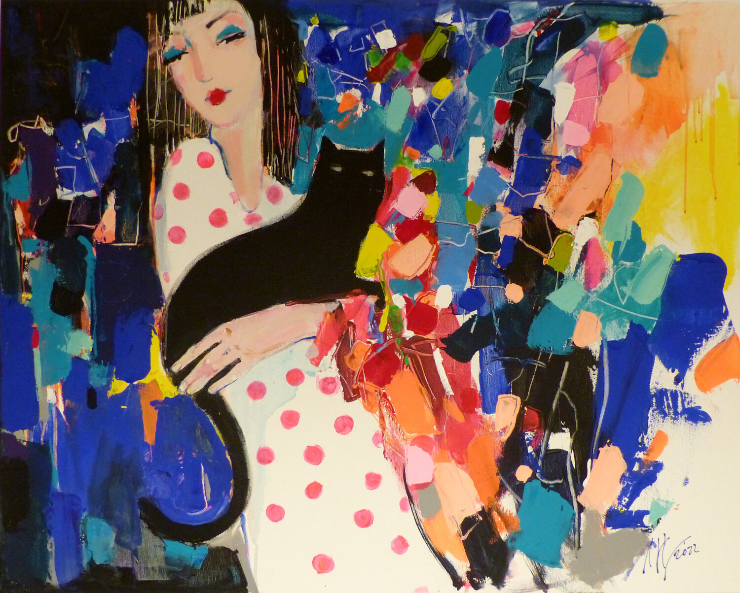 The Girl with the Black Cat Liliya Nikolova Originalgemälde zu verkaufen
