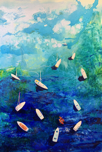Boats at sea.1 di Julia Hacker, Pittura in vendita su Singulart