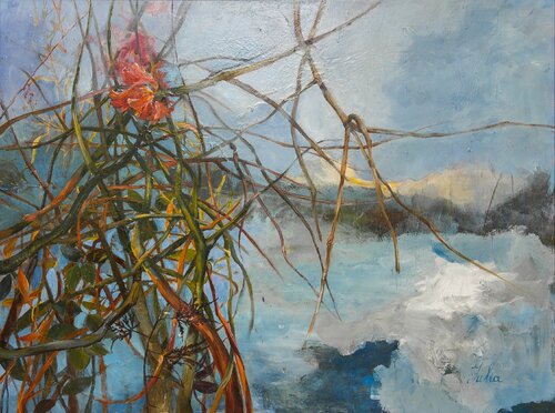 Late fall lake view van Julia Hacker, Schilderij te koop op Singulart
