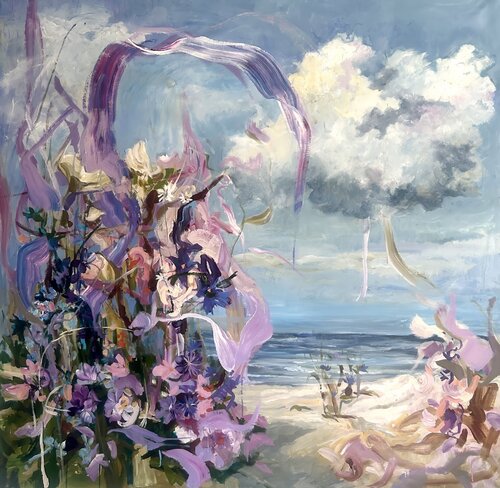 Dream in Bloom – Abstract Floral Seascape van Julia Hacker, Schilderij te koop op Singulart