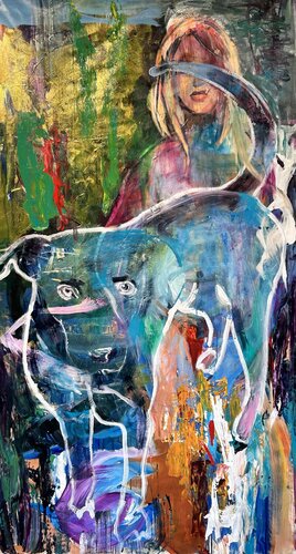 Guardians of the Unseen – Abstract Figurative Painting with Dog by Julia Hacker, Painting for Sale on Singulart