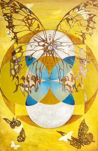 Chase the Light – Abstract Butterfly & Sacred Geometry Painting von Julia Hacker, Malerei kaufen auf Singulart