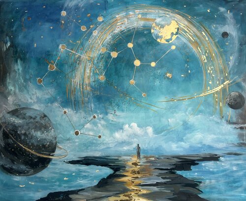 Path of Sagittarius – Celestial Surrealism with Constellation and Gold Leaf by Julia Hacker, 회화 for Sale on Singulart