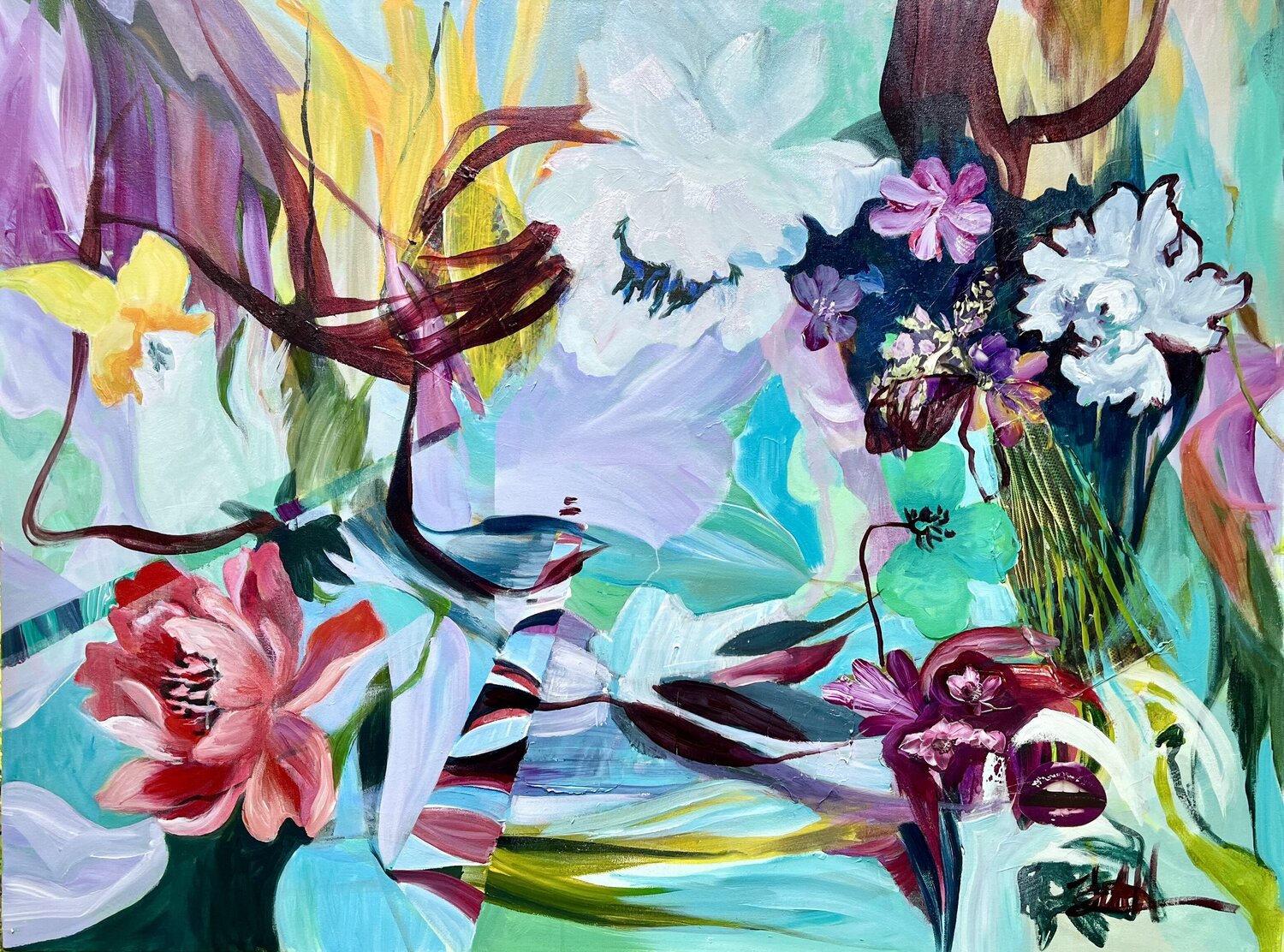Abstract Floral Landscape in Turquoise and Coral Julia Hacker Originalgemälde zu verkaufen
