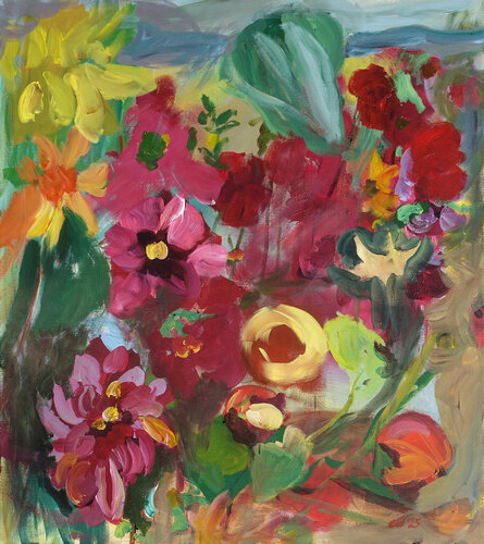 Im freien Feld, Teil 2 (purpurrote Dahlien) by Cosima Gerner, Painting for Sale on Singulart