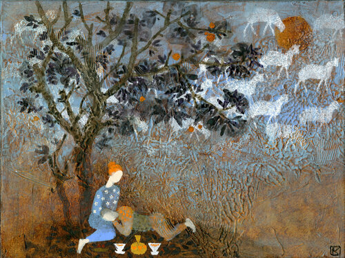 Lovers Under the Persimmon Tree / Amoureux sous l’arbre à kaki by Olga Kataeva-Rochford, Painting for Sale on Singulart