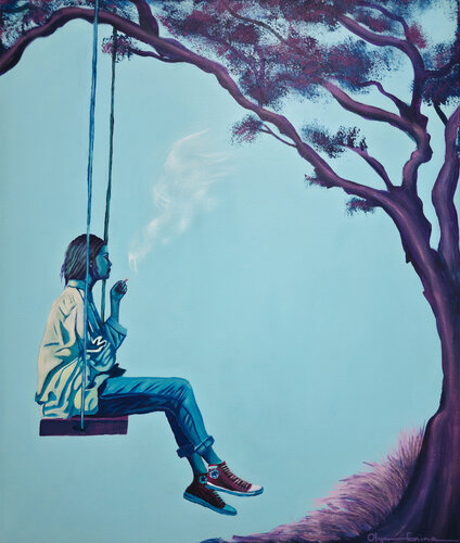 Between Playgrounds and Paychecks – Woman on Swing with Cigarette di Olya Enina, Pittura in vendita su Singulart