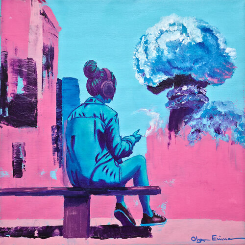 Too Tired to Panic. Woman with Headphones Observing a Surreal Explosion by Olya Enina, 회화 for Sale on Singulart