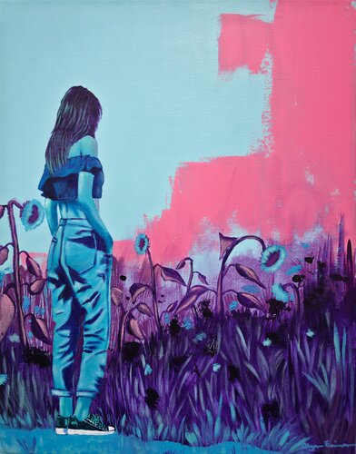 Sunflowers Don’t Ask Questions — Contemporary Figurative Painting of a Woman in a Directionless Field of Sunflowers by Olya Enina, Painting for Sale on Singulart