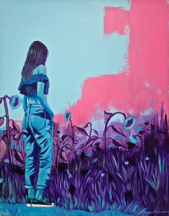 Sunflowers Don’t Ask Questions — Contemporary Figurative Painting of a Woman in a Directionless Field of Sunflowers Olya Enina
