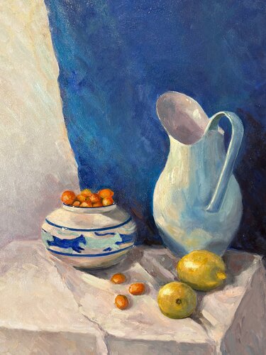 The sunny still life with antique vase, jug and citruses van Anna Novick, Schilderij te koop op Singulart