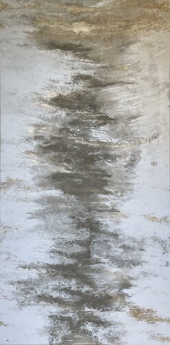 Soufflé — Vertical Silver and Gold Abstract, 160 cm par Kseniia Turik, Peinture en vente sur Singulart