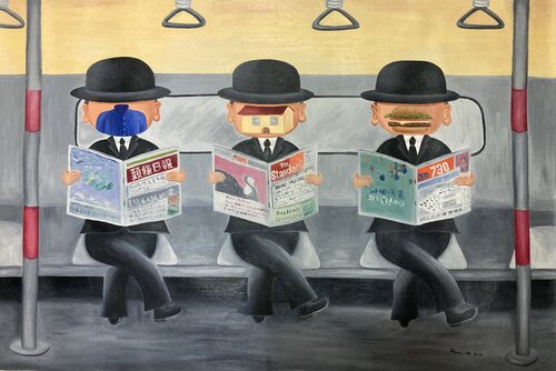 MTR - Watching Newspaper di Demi Ng, Pittura in vendita su Singulart