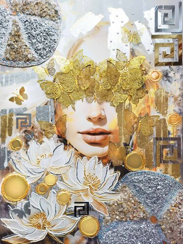 Woman and white lotuses (white lilies) - mirror crystal abstract painting, faceless portrait woman art, Gift de Irina BAST, Pintura a la venta en Singulart