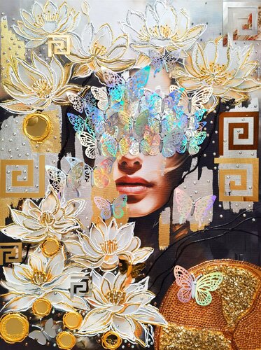 Woman and white lotuses (white lilies) - mirror crystal abstract painting, faceless portrait woman art, Gift van Irina BAST, Schilderij te koop op Singulart