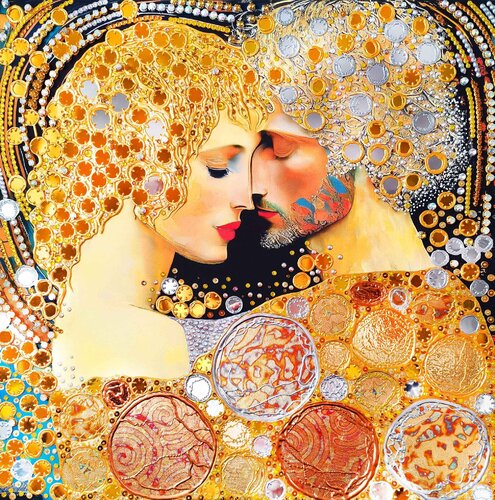 Love original painting. Golden decorative artwork with gold leaf. Gift for woman \ wife van Irina BAST, Schilderij te koop op Singulart
