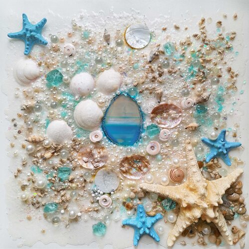Abstract sea ocean marine wall sculpture with precious stones von Irina BAST, Malerei kaufen auf Singulart