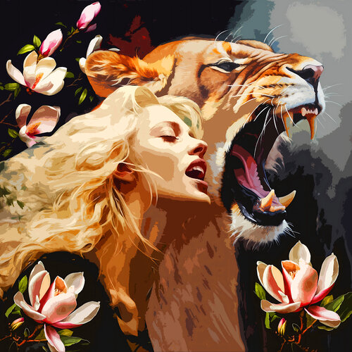 RRRrrrrr!!! Woman and lioness. Screaming woman and growling wild animal. Gift by Irina BAST, Digital for Sale on Singulart
