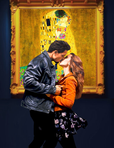 Couple in museum with The Kiss by Gustav Klimt - Love art Gift by Irina BAST, Digital for Sale on Singulart