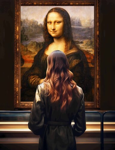 Woman in museum with Mona Lisa Leonardo da Vinci - faceless portrait woman art, Gift di Irina BAST, Digitale in vendita su Singulart