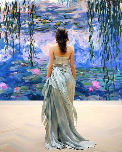 Woman in museum with Water Lilies painting Claude Monet - faceless portrait woman art, Gift van Irina BAST, Digitaal te koop op Singulart