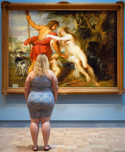 You are Venus too! You are Goddess! Large original female portrait Body positivity woman art. Woman in museum with Venus and Adonis painting by Peter Paul Rubens. Art Gift by Irina BAST, Digital for Sale on Singulart