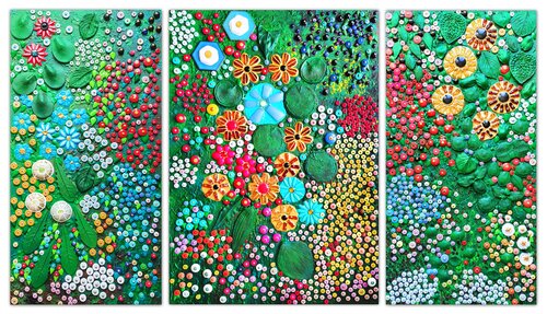 COLORFUL SUMMER GARDEN. Amber, turquoise, agate & mosaic botanical floral abstract flowers art by Irina BAST, Other Media for Sale on Singulart