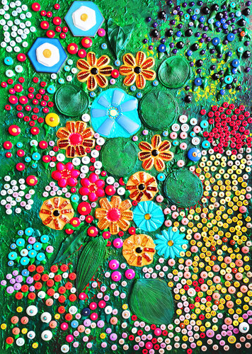 COLORFUL SUMMER GARDEN. Amber turquoise, agate & mosaic botanical floral abstract landscape von Irina BAST, Andere Medien kaufen auf Singulart