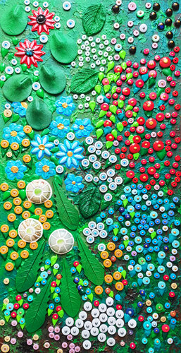 COLORFUL SUMMER GARDEN with forget-me-nots and dandelions. Mosaic botanical floral abstract landscape von Irina BAST, Andere Medien kaufen auf Singulart